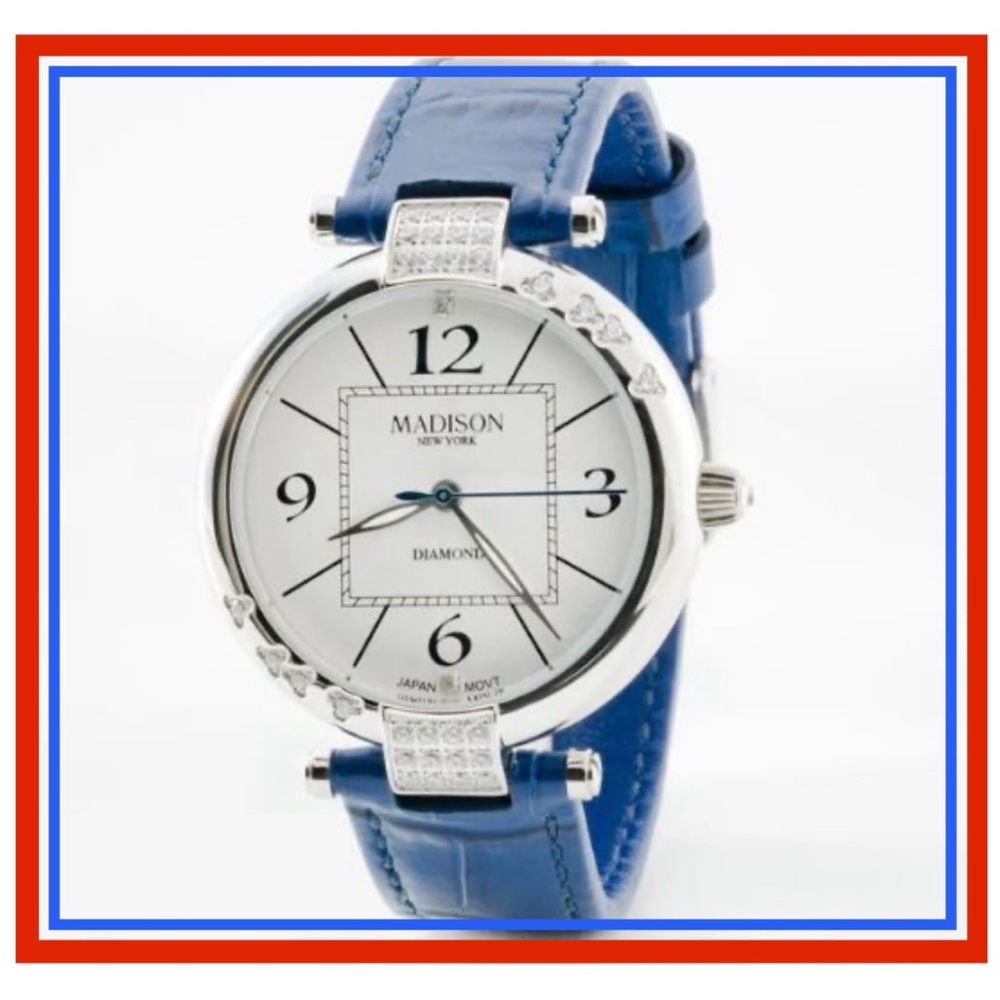🌹HP🌹NEW Madison New York Diamond Silver Quarts Watch w Navy Calf Leather